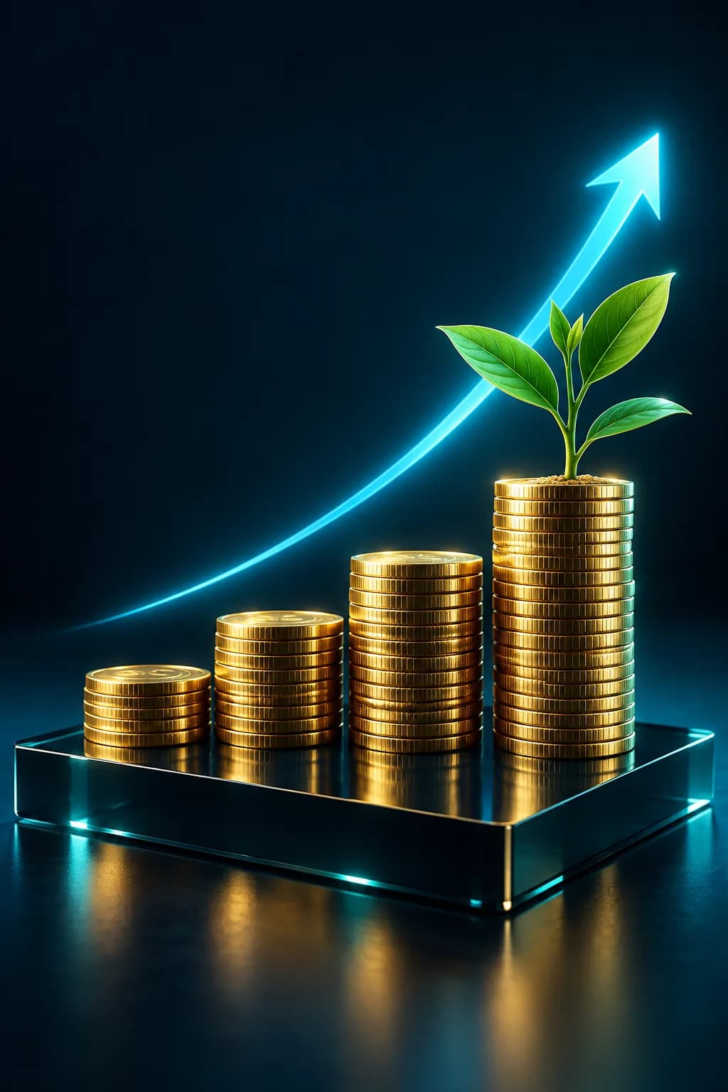 Ascending gold coin stacks, a green plant and an upward arrow illustrating long-term wealth growth